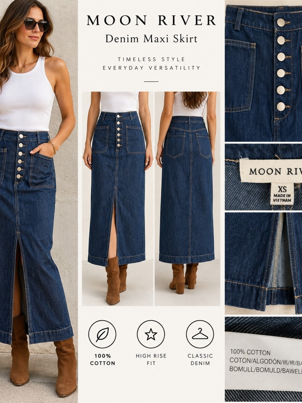 MOON RIVER NWT Dark Wash Denim Maxi Skirt XS Button Front High Rise Pockets